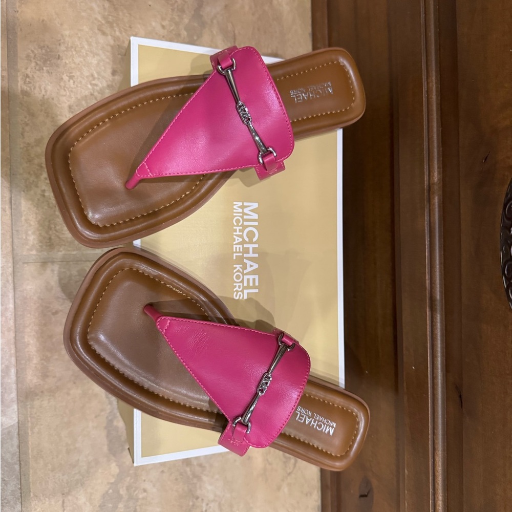 Michael Kors Hot Pink Leather Thong Sandals with Brown Footbed